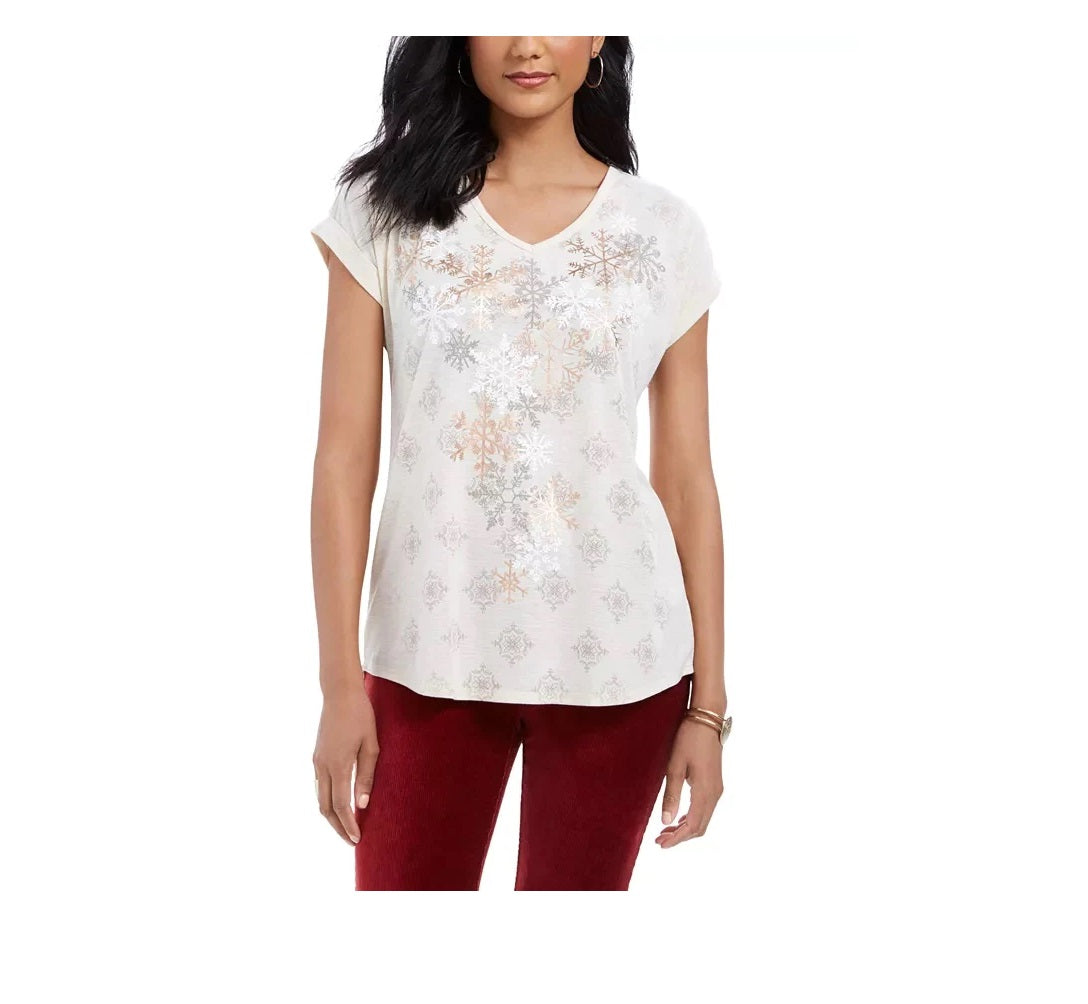 Blusa feminina pequena com estampa de floco de neve e estampa de queda de neve, tamanho P