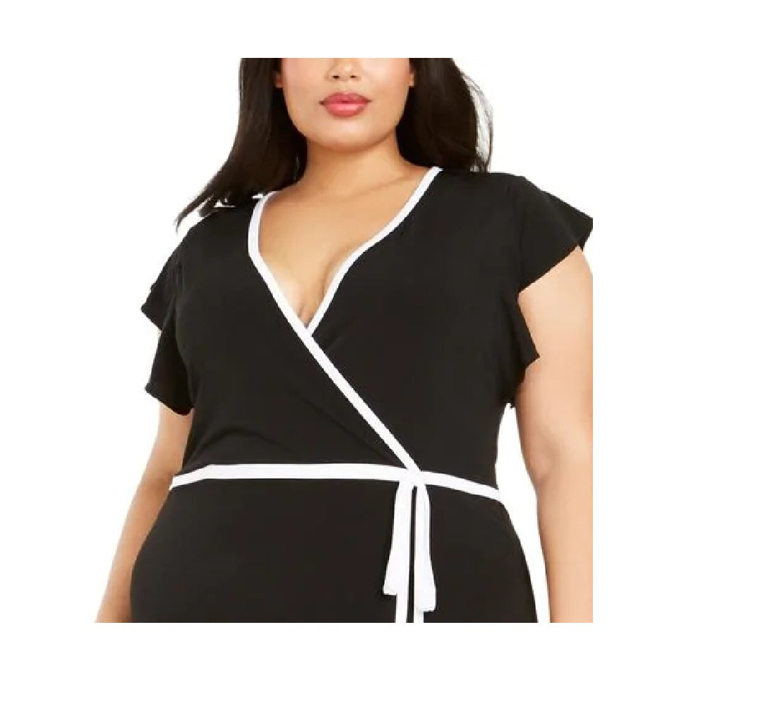 Vestido curto plus size feminino Michael Kors com acabamento contrastante e envoltório falso, preto, tamanho 2X
