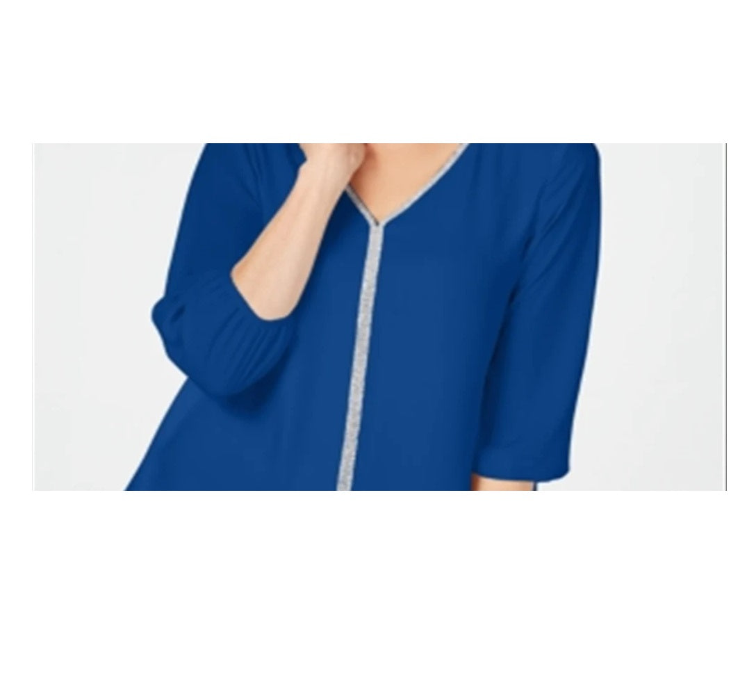 Blusa feminina com bainha em camadas e joias da coleção JM, cor azul-marinho, tamanho M