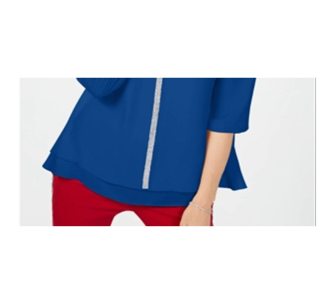 Blusa feminina com bainha em camadas e joias da coleção JM, cor azul-marinho, tamanho M
