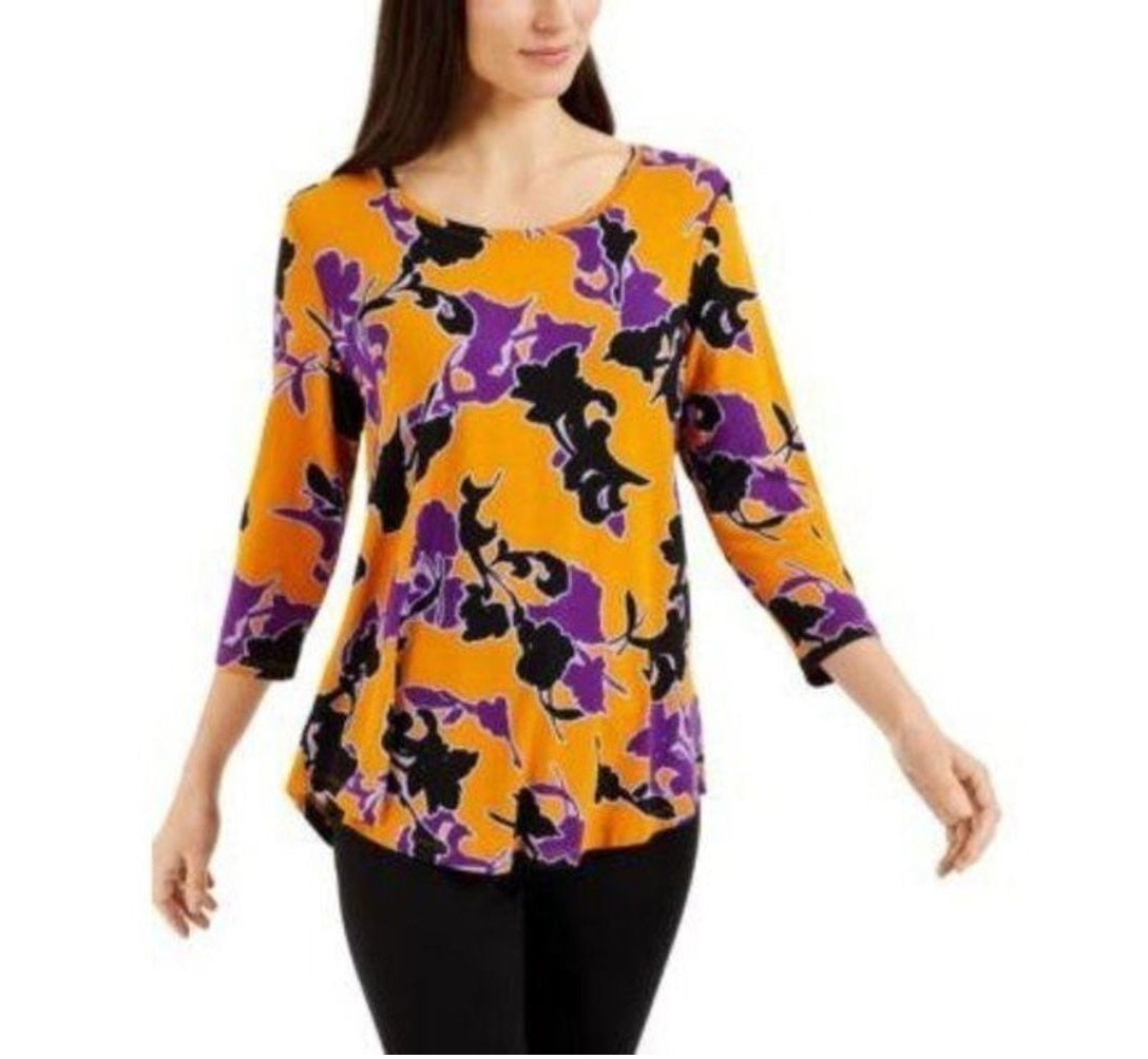 Blusa feminina com estampa floral e manga 34, estilo Jacqua, Golden Poppy, tamanho M, da coleção JM