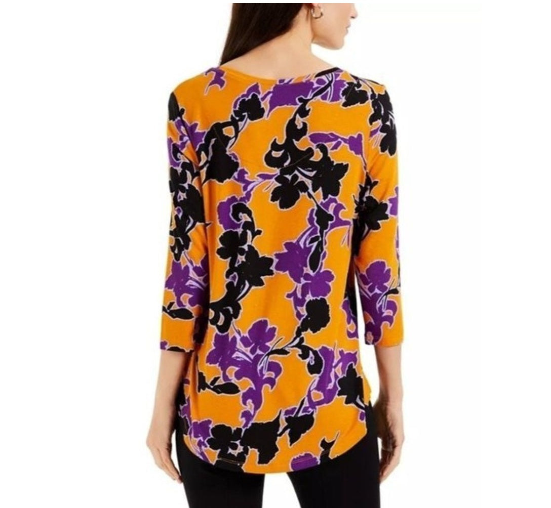 Blusa feminina com estampa floral e manga 34, estilo Jacqua, Golden Poppy, tamanho M, da coleção JM