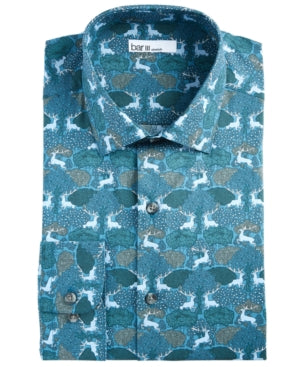 Camisa social masculina Bar III Slim-Fit Performance Stretch Forest Deer-Print Azul Tamanho 36-37