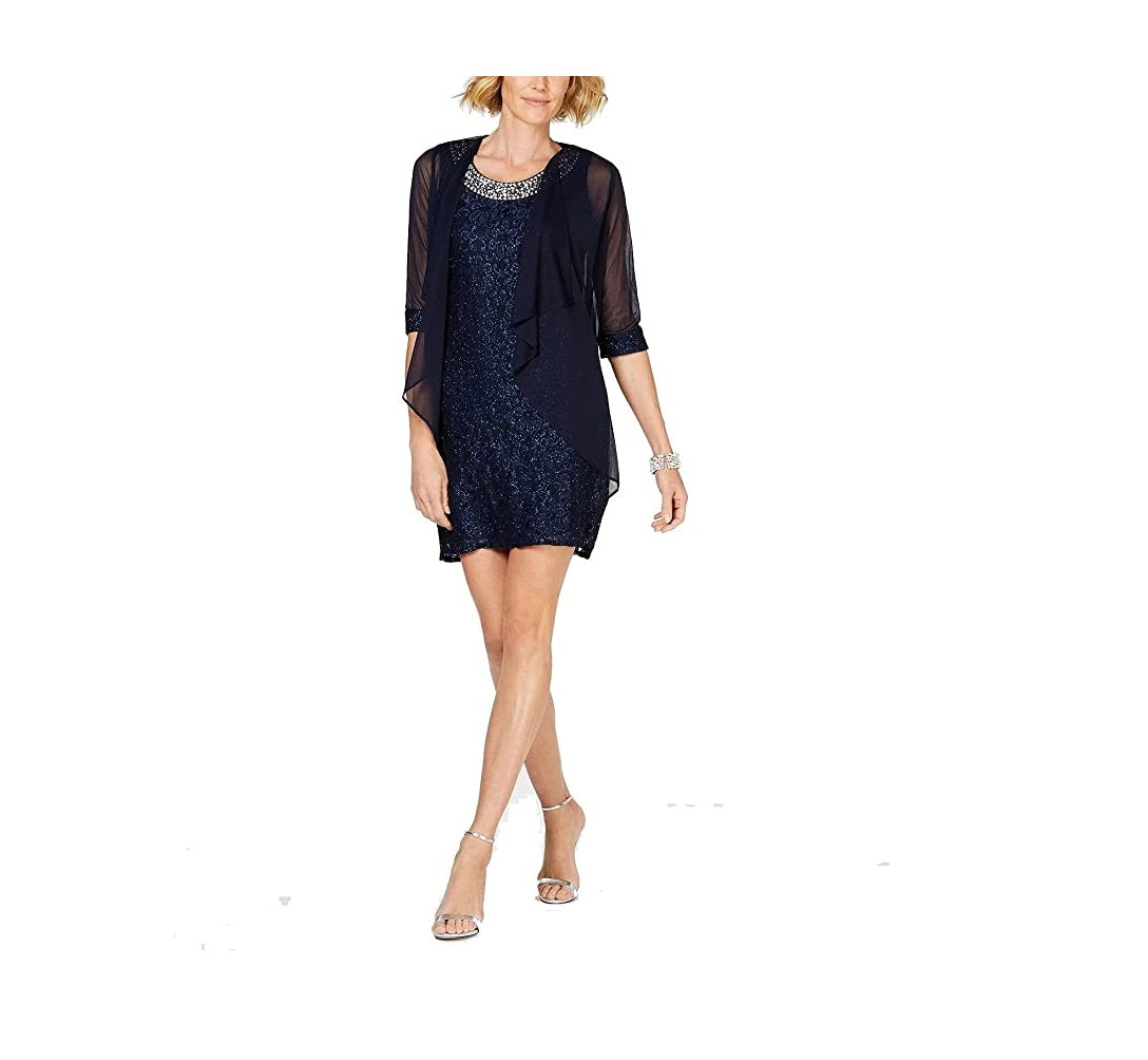 Vestido de renda brilhante e jaqueta cascata feminino R &amp; M Richards, azul, tamanho 8, pequeno