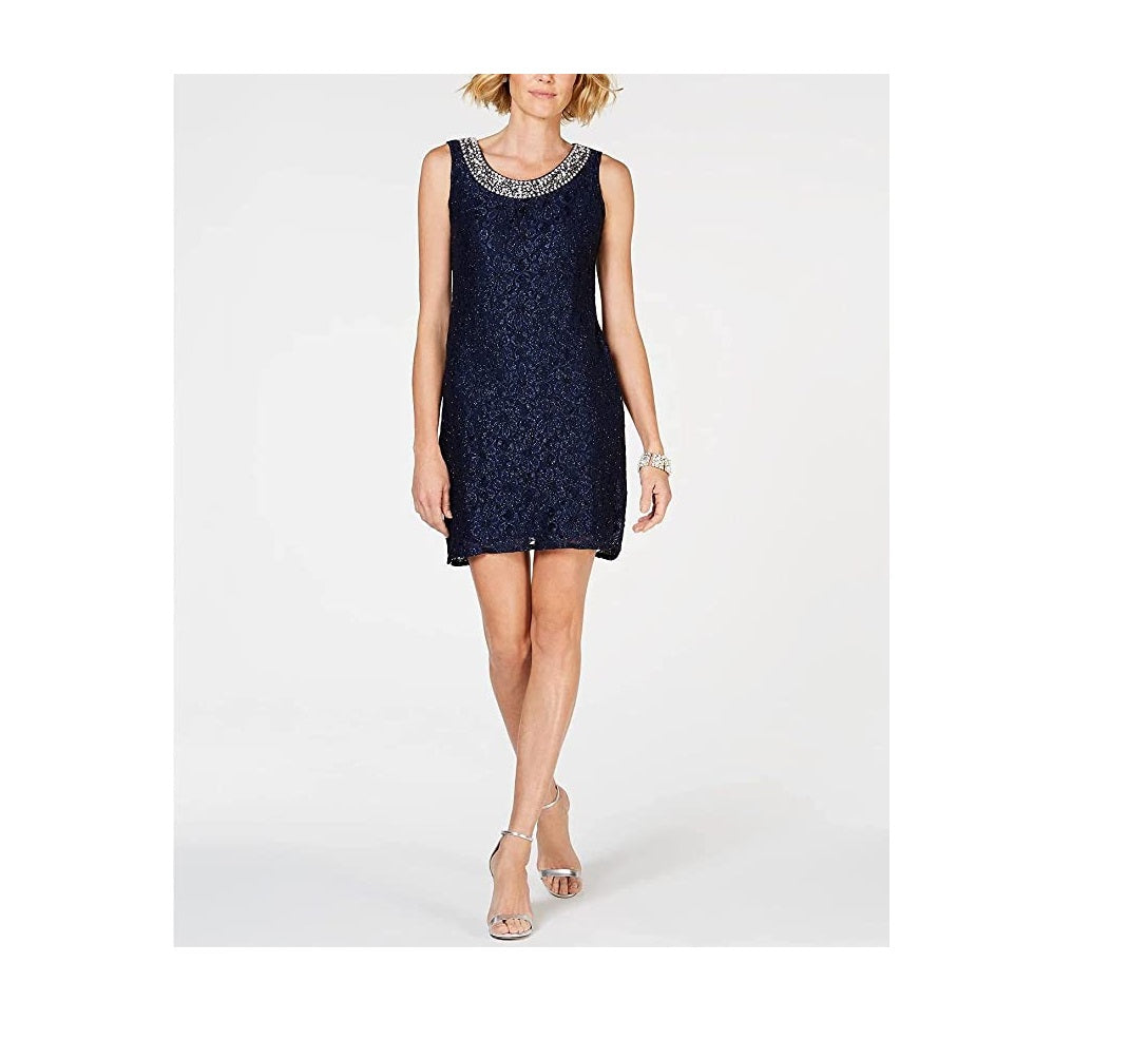 Vestido de renda brilhante e jaqueta cascata feminino R &amp; M Richards, azul, tamanho 8, pequeno