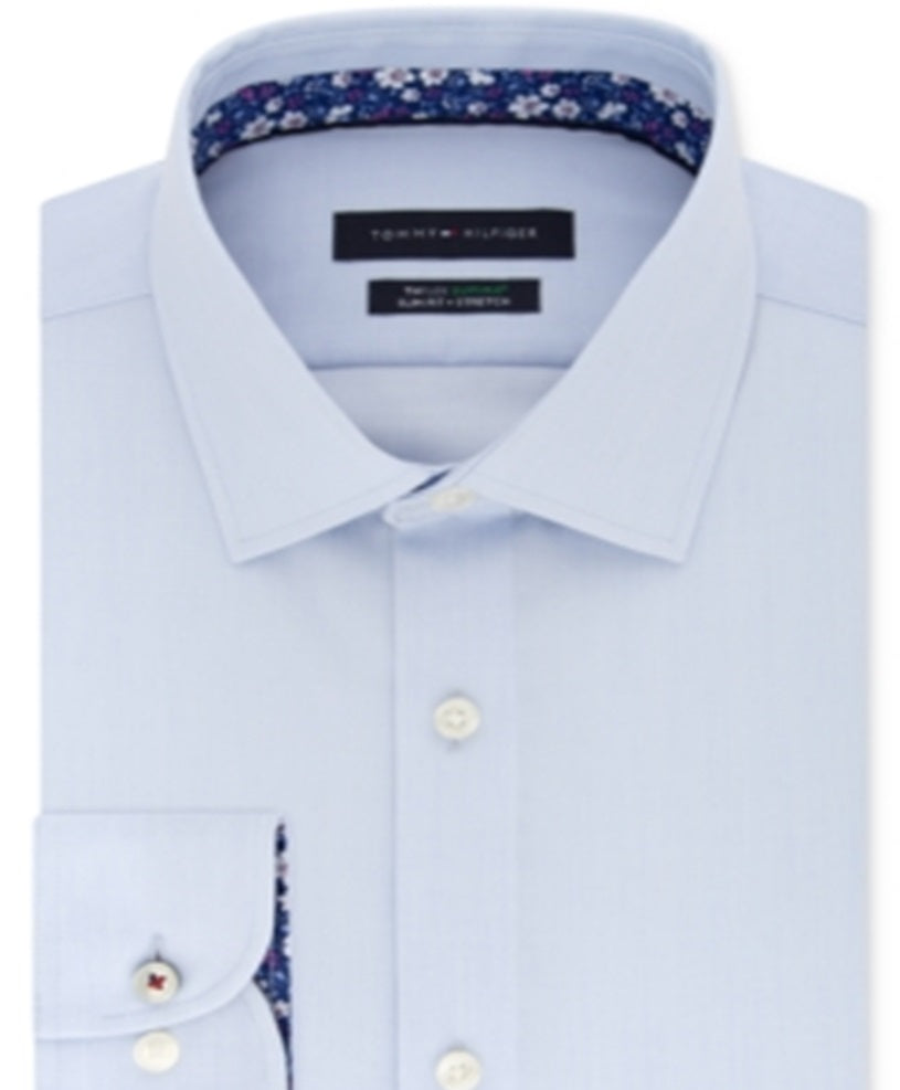 Camisa masculina Tommy Hilfiger de algodão com botões slim fit, azul, tamanho 34-35