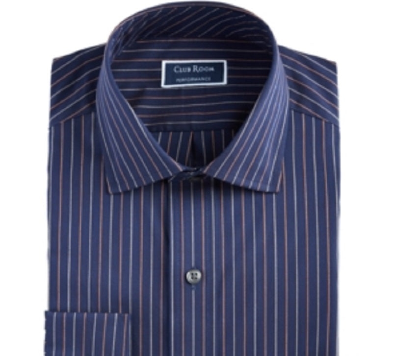 Camisa social masculina Club Room Performance com listras finas e botões, azul, tamanho 36/37