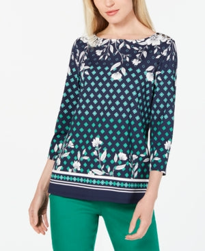 Blusa feminina Charter Club com estampa floral azul e manga 3/4, gola redonda, tamanho P