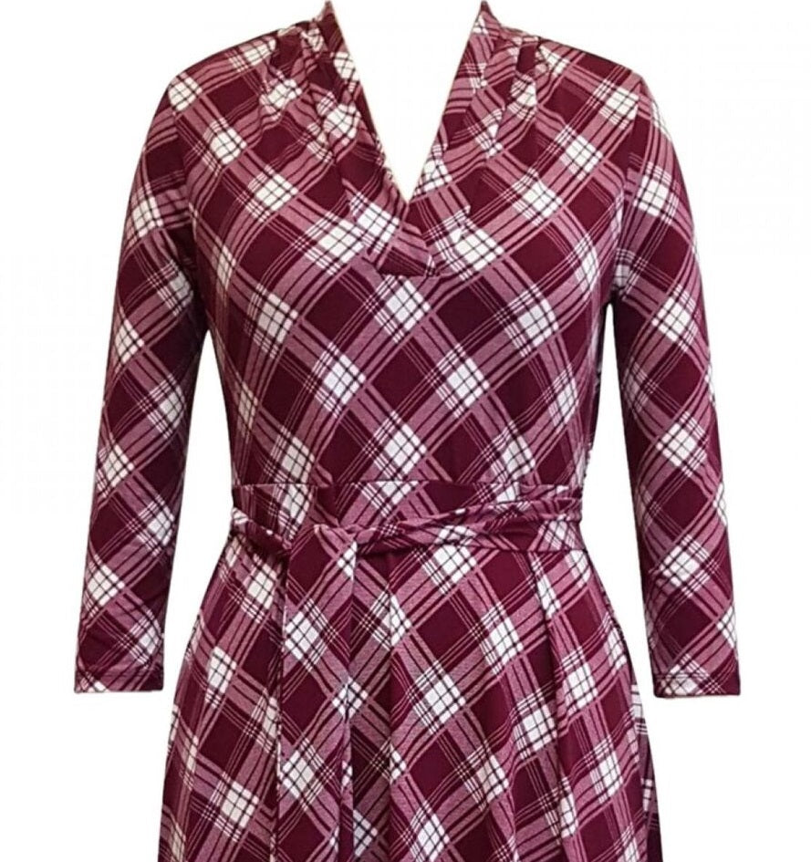 Vestido feminino xadrez com decote em V, tamanho médio, vermelho, Charter Club