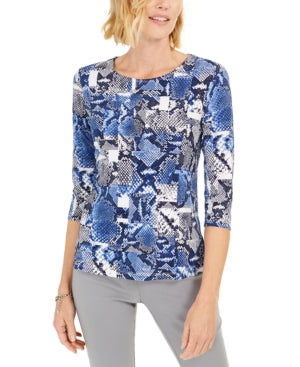 Blusa feminina estampada com decote redondo e manga curta JM Collection, tamanho XL
