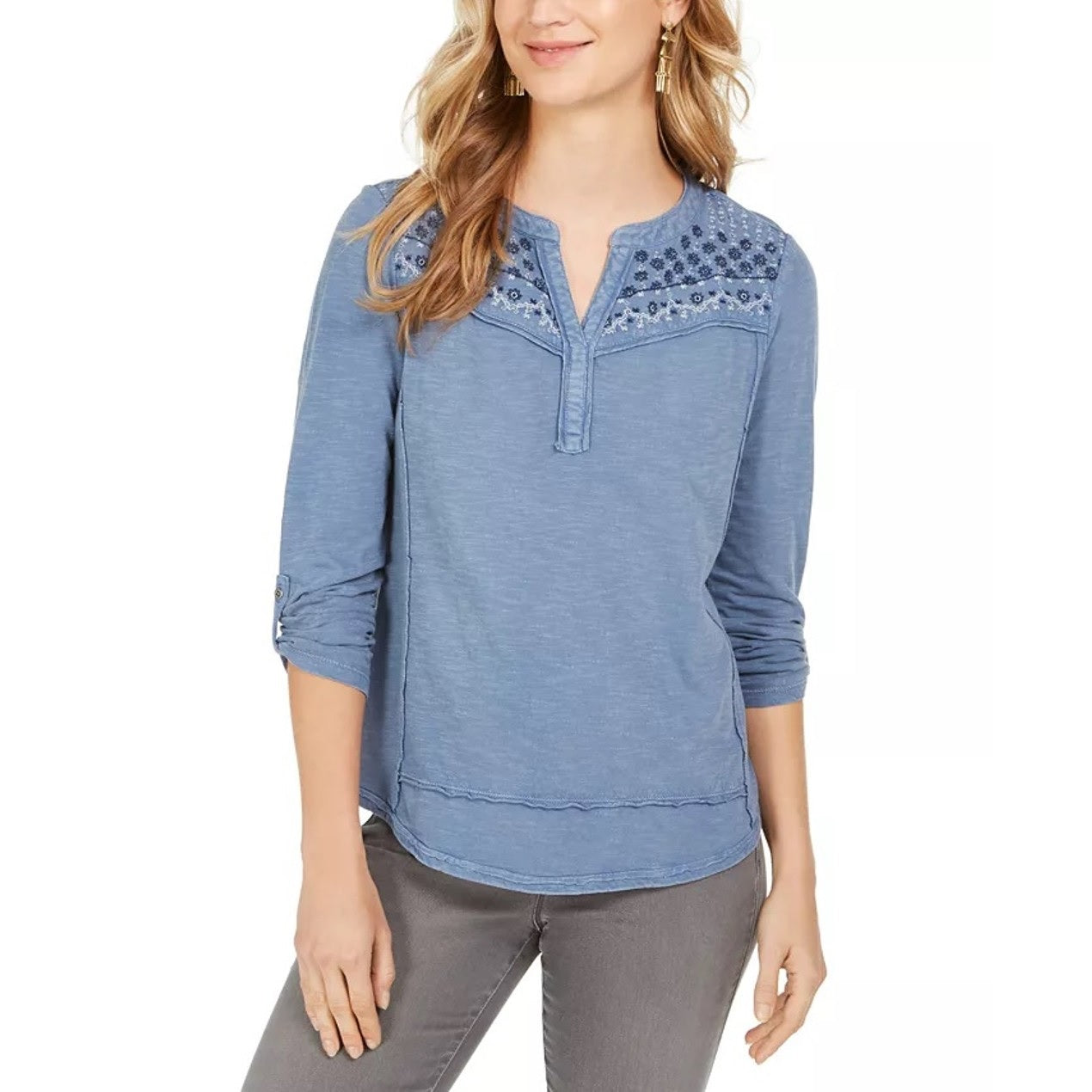 Blusa feminina de algodão com bordado floral Style &amp; Co, azul, tamanho pequeno P