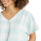 Blusa feminina de manga curta com decote em V e botões, tamanho médio, estilo aquático