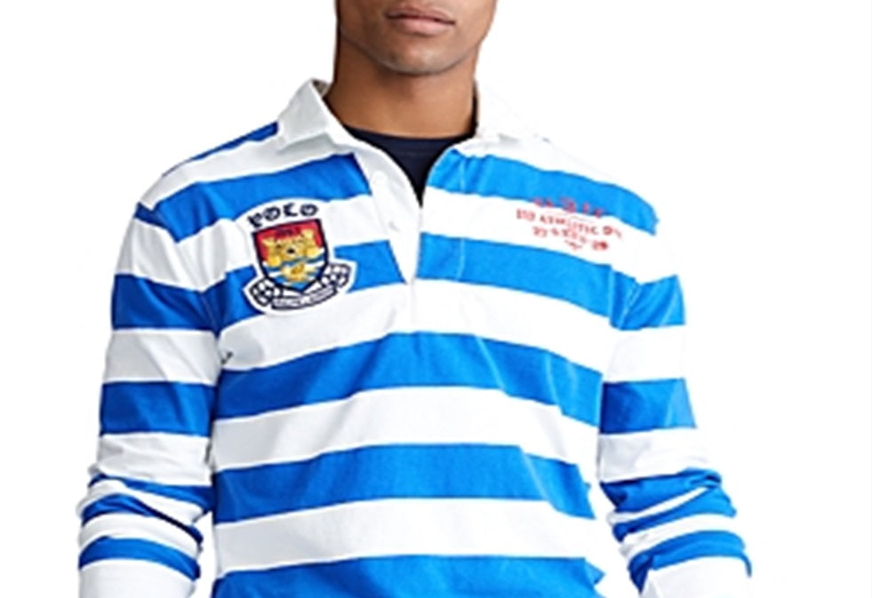Camisa de rugby masculina Polo Ralph Lauren com listras bordadas e patch, branca, tamanho pequeno