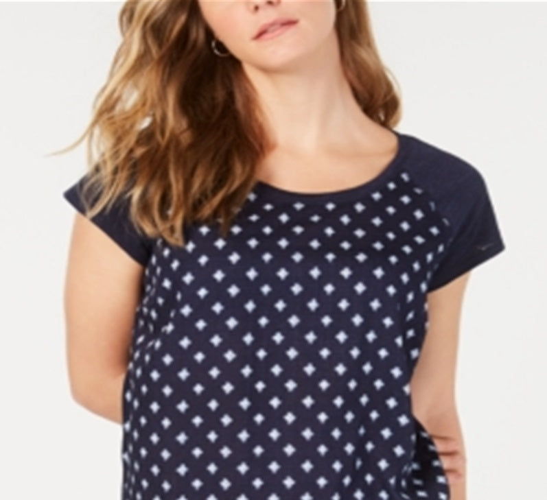 Camiseta feminina estampada de manga curta e gola redonda, tamanho XS, azul, estilo &amp; Co