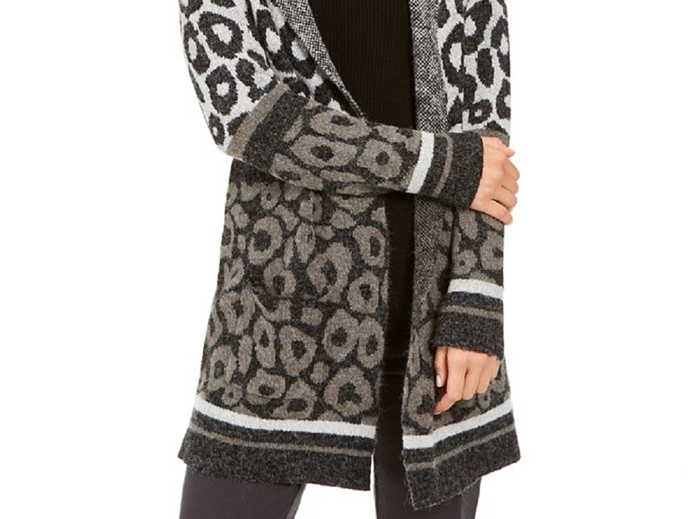 Cardigan feminino com estampa de leopardo e frente aberta, cinza, tamanho pequeno M