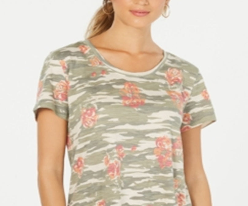 Blusa feminina de algodão com estampa de gola redonda, tamanho pequeno, verde, estilo &amp; co