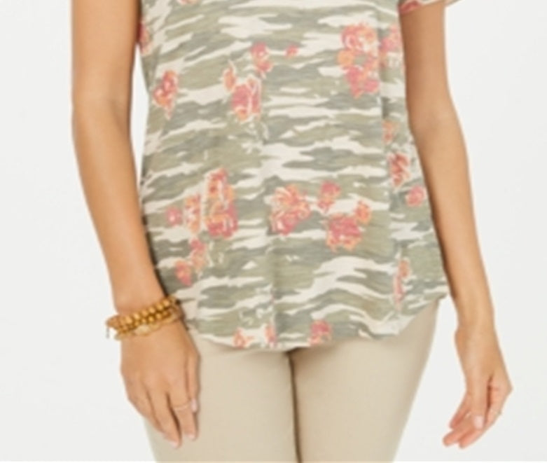 Blusa feminina de algodão com estampa de gola redonda, tamanho pequeno, verde, estilo &amp; co