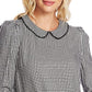 Blusa xadrez feminina CeCe com manga comprida e gola Peter Pan, preta, tamanho pequeno