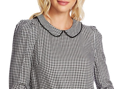 Blusa xadrez feminina CeCe com manga comprida e gola Peter Pan, preta, tamanho pequeno