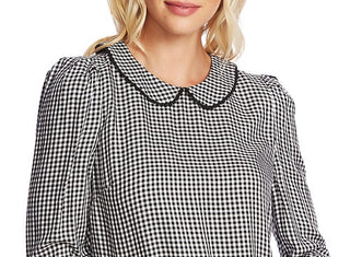 CeCe Women's Check Long Sleeve Peter Pan Collar Top Black Size Small