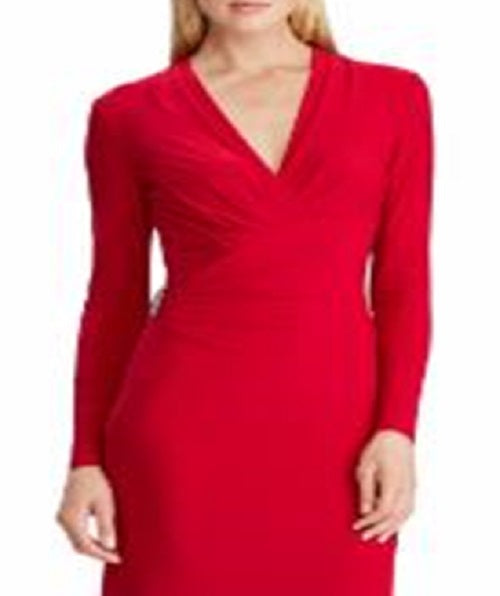 Vestido de noite com sobrepeliz e detalhes em Rowenah da Ralph Lauren, tamanho 12, vermelho