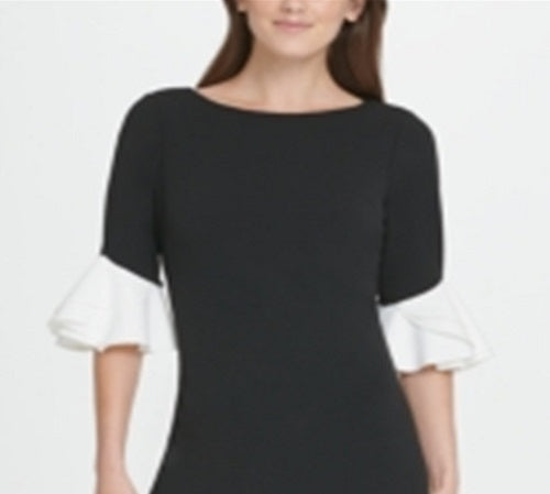 Vestido formal feminino DKNY com manga sino e decote joia abaixo do joelho, preto, tamanho 16