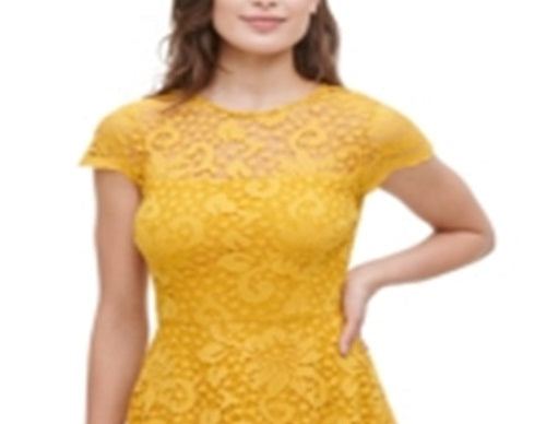Vestido curto com decote ilusão e manga curta Kensie feminino, amarelo, tamanho 4