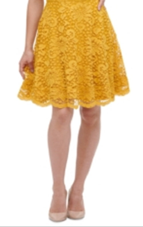 Vestido curto com decote ilusão e manga curta Kensie feminino, amarelo, tamanho 4