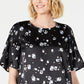 Blusa feminina Alfani com estampa floral e ombros franzidos em cetim, preta, tamanho XX-G