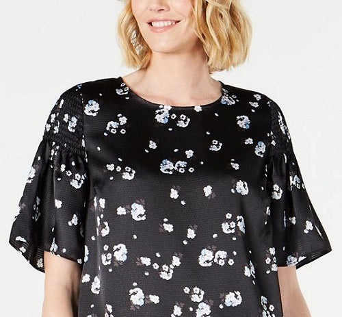 Blusa feminina Alfani com estampa floral e ombros franzidos em cetim, preta, tamanho XX-G