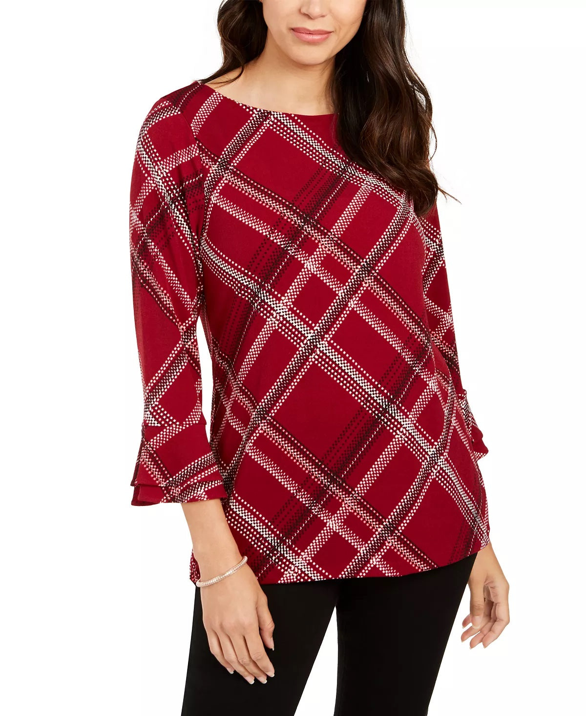 Camisa xadrez feminina Charter Club com manga sino, vermelha, tamanho extragrande