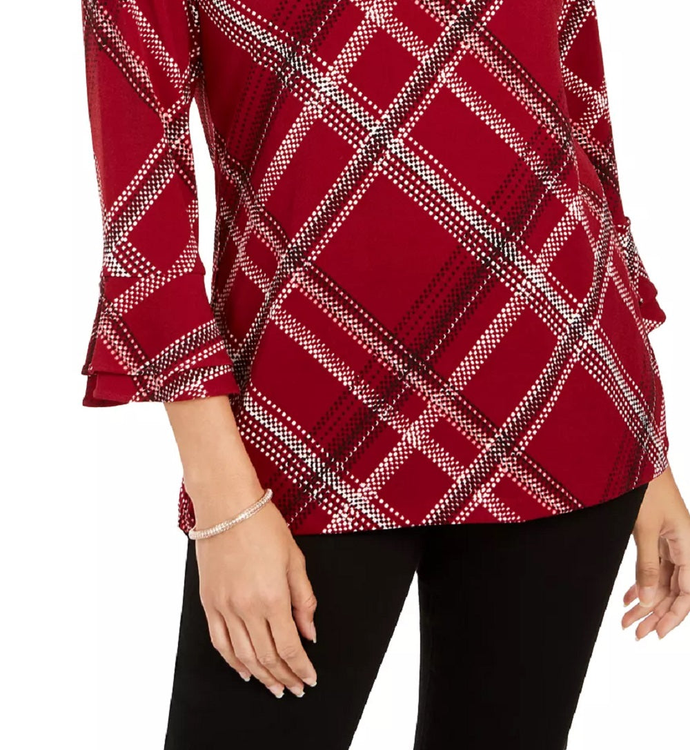 Camisa xadrez feminina Charter Club com manga sino, vermelha, tamanho extragrande