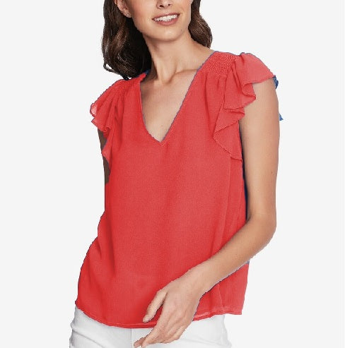 1.STATE Blusa feminina com babados e ombros franzidos, coral, tamanho médio