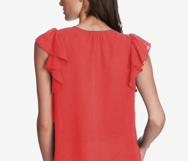 1.STATE Blusa feminina com babados e ombros franzidos, coral, tamanho médio