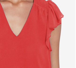 1.STATE Blusa feminina com babados e ombros franzidos, coral, tamanho médio