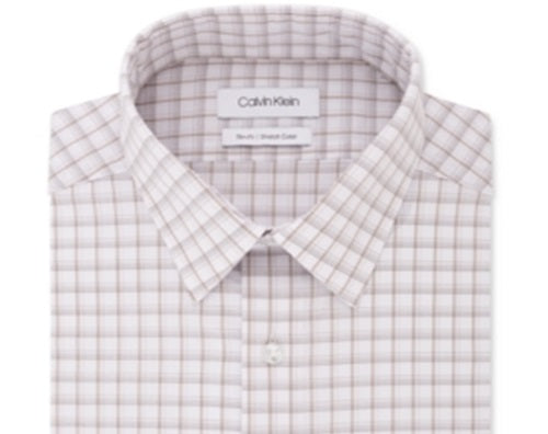 Camisa social masculina Calvin Klein Slim Fit com gola elástica e xadrez bege, tamanho 16x34-35