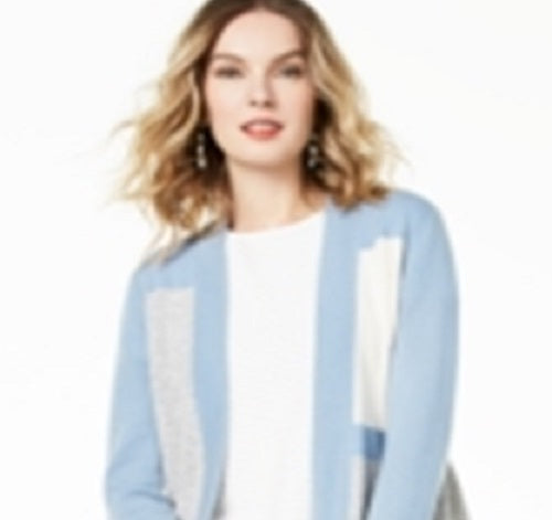 Cardigan feminino de cashmere puro com blocos de cores Charter Club, azul, tamanho pequeno G