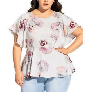 City Chic Women's Textured Floral Peplum Top White Size 14