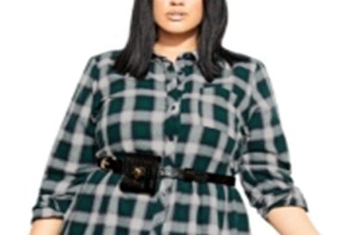 Vestido-camisa xadrez moderno feminino City Chic, verde, tamanho pequeno