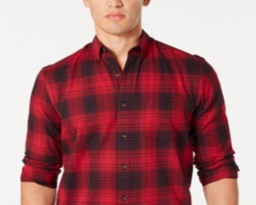 Camisa de flanela xadrez de algodão escovado e elástico masculina Club Room, vermelha, tamanho médio