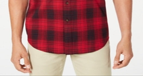 Camisa de flanela xadrez de algodão escovado e elástico masculina Club Room, vermelha, tamanho médio