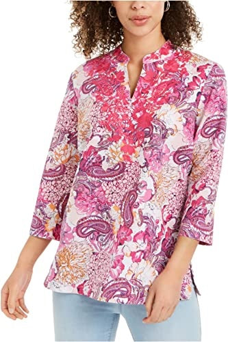 Túnica feminina estampada com acabamento bordado Charter Club, rosa, tamanho P