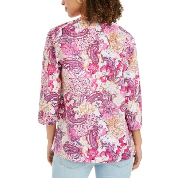 Túnica feminina estampada com acabamento bordado Charter Club, rosa, tamanho P