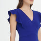 Vestido tubinho feminino DKNY com decote em V e babados, manga curta, azul, tamanho 16