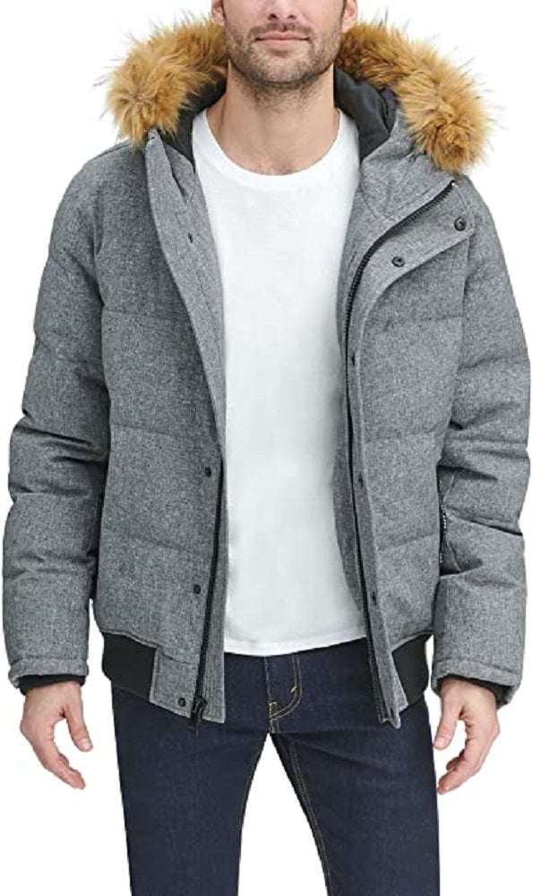 Tommy Hilfiger Parka Longa Masculina com Capuz de Pele Sintética Cinza Tamanho Grande