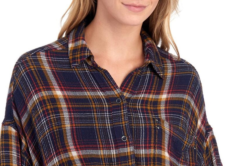 Camisa feminina Free People Hidden Valley com botões, manga comprida, azul, tamanho X-S