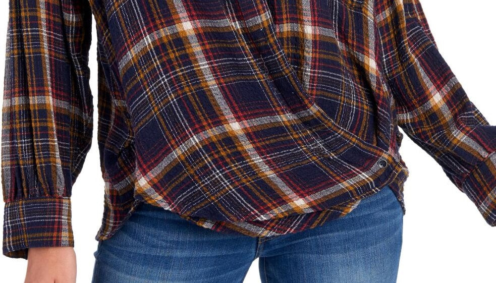 Camisa feminina Free People Hidden Valley com botões, manga comprida, azul, tamanho X-S