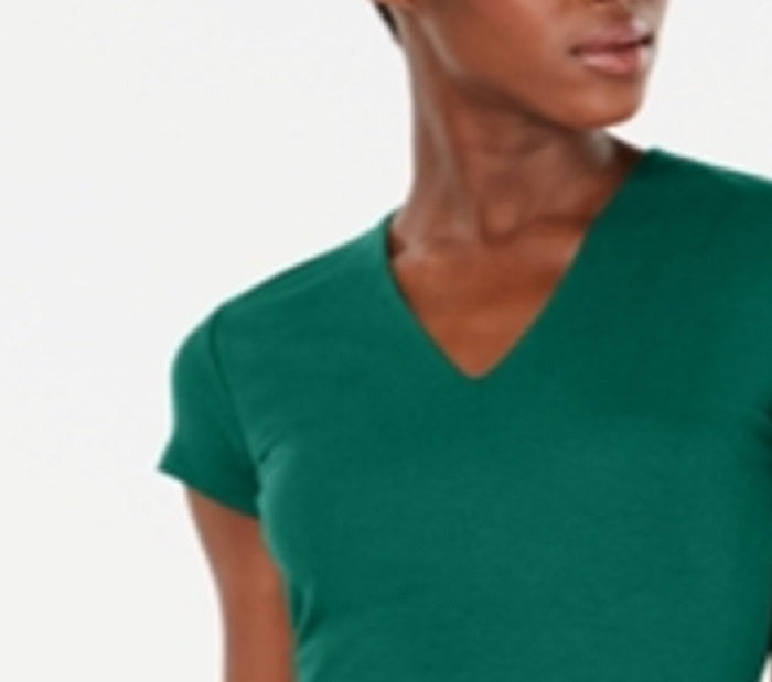 Blusa feminina de manga curta com decote em V canelado da INC International Concepts, verde, tamanho grande