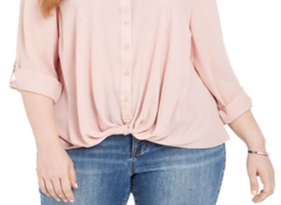 Blusa feminina de manga comprida com aba dobrada INC International Concepts, rosa, tamanho 0X