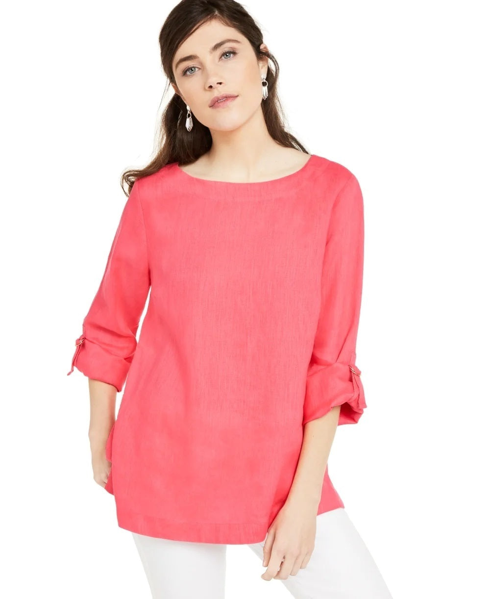Charter Club Blusa feminina com mangas enroladas e mistura de linho, laranja, tamanho grande